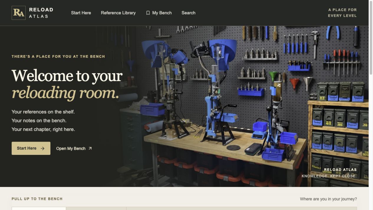 Caliber Reload homepage preview with reloading-room imagery, showing its earlier Reload Atlas branding