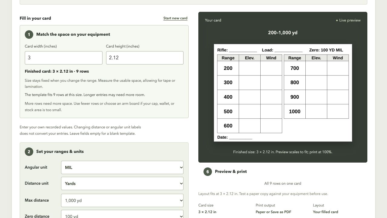 Easy DOPE Cards live builder showing custom card dimensions beside the actual blank printable card preview