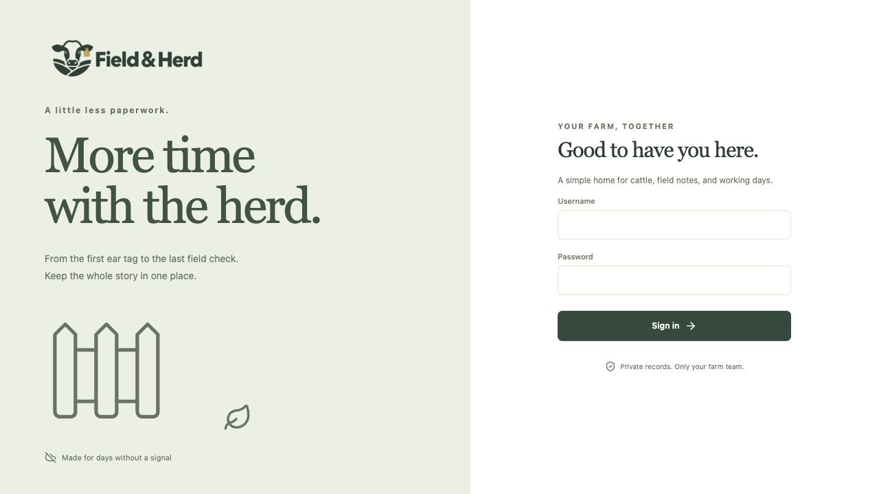 Field and Herd illustrated welcome-screen development preview