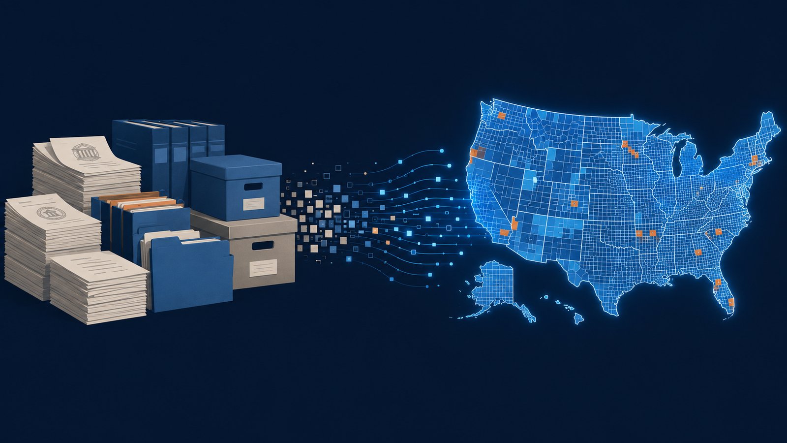 Illustration: stacks of public records and file boxes transforming into a glowing U.S. county data map
